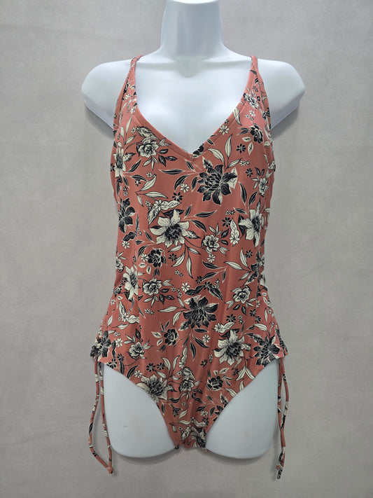 Kona Sol Pink 90s Floral Beach Vacation Boho Resort One Piece Swimsuit Large