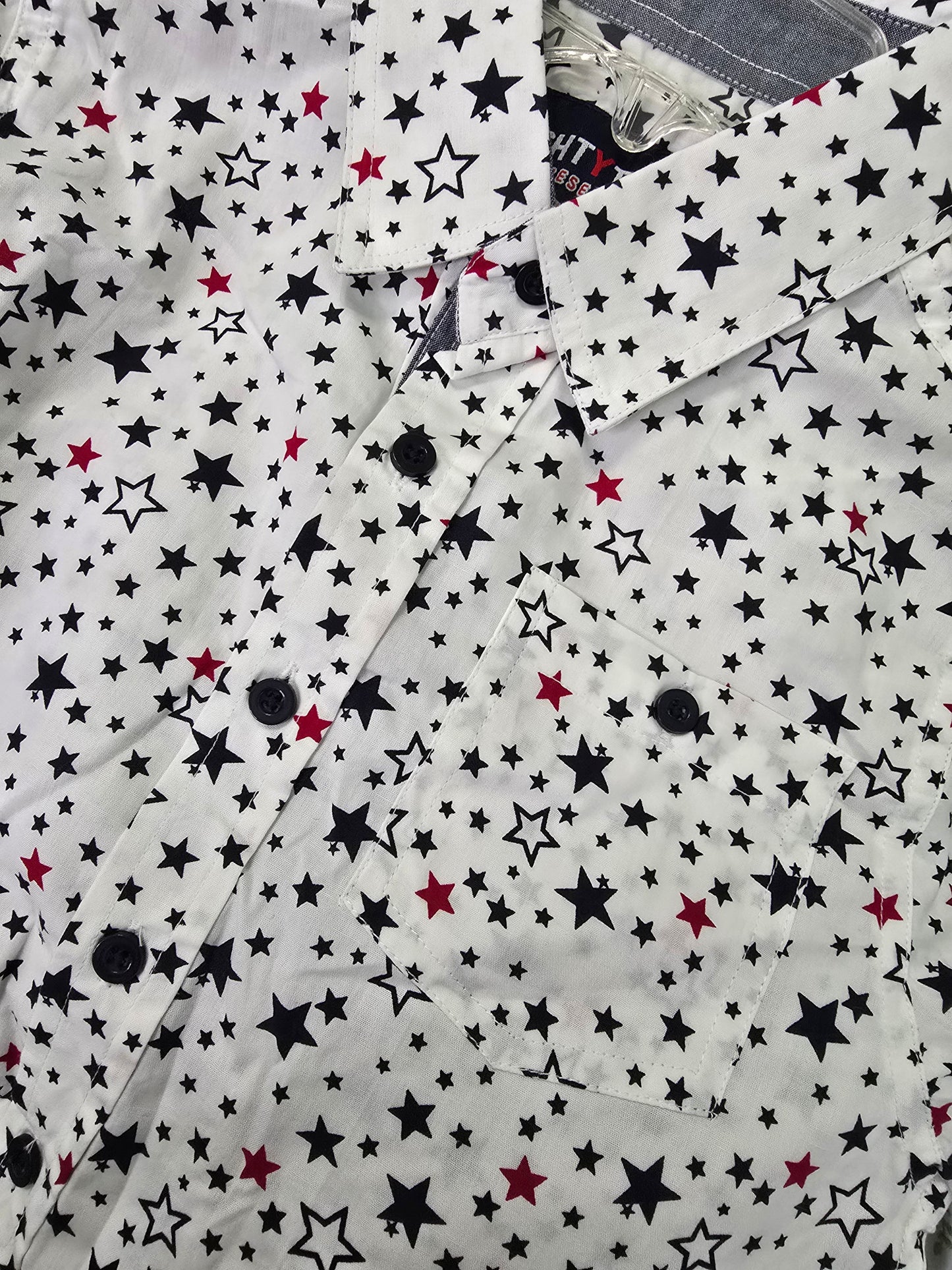 Star Print Boys Button Down Short Sleeve American Holiday Shirt 10/13 Large