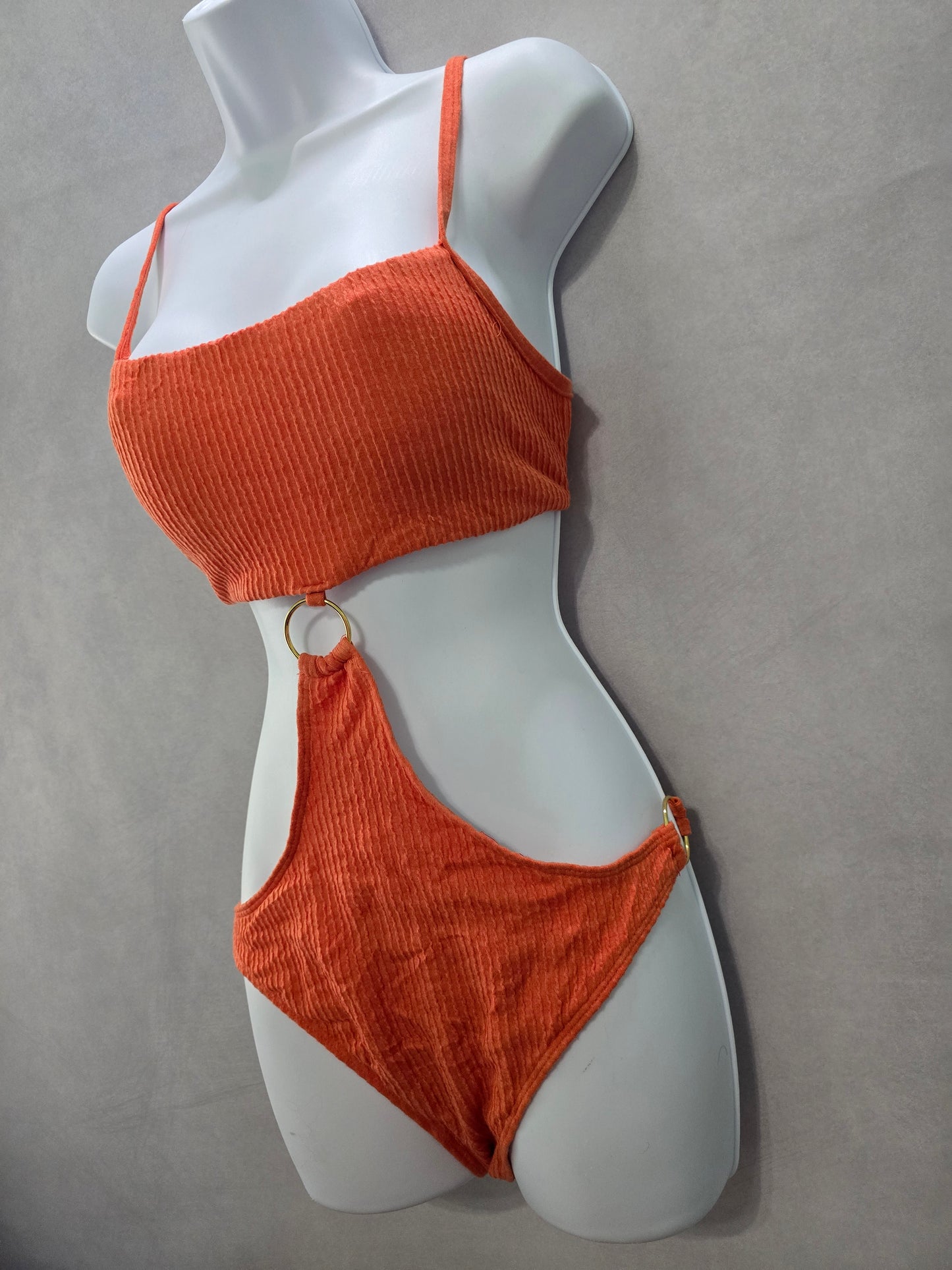 Orange One Piece Sexy Resort Beach Vacation 90s Textured Swimsuit Sexy Large