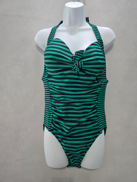 Striped Green Halter One Piece Swimsuit Beach 90s Resort Vacation Merona Large