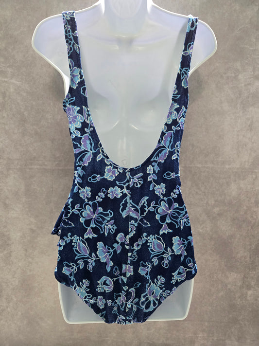 Maxine of Hollywood Blue Floral One Piece Swimsuit Beach Vacation Large