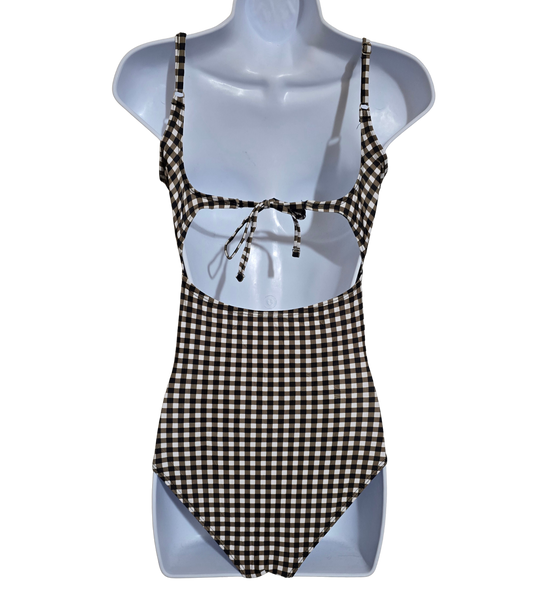 Brown Plaid Checkered One Piece Swimsuit Beach Resort Vacation Janela Bay XS