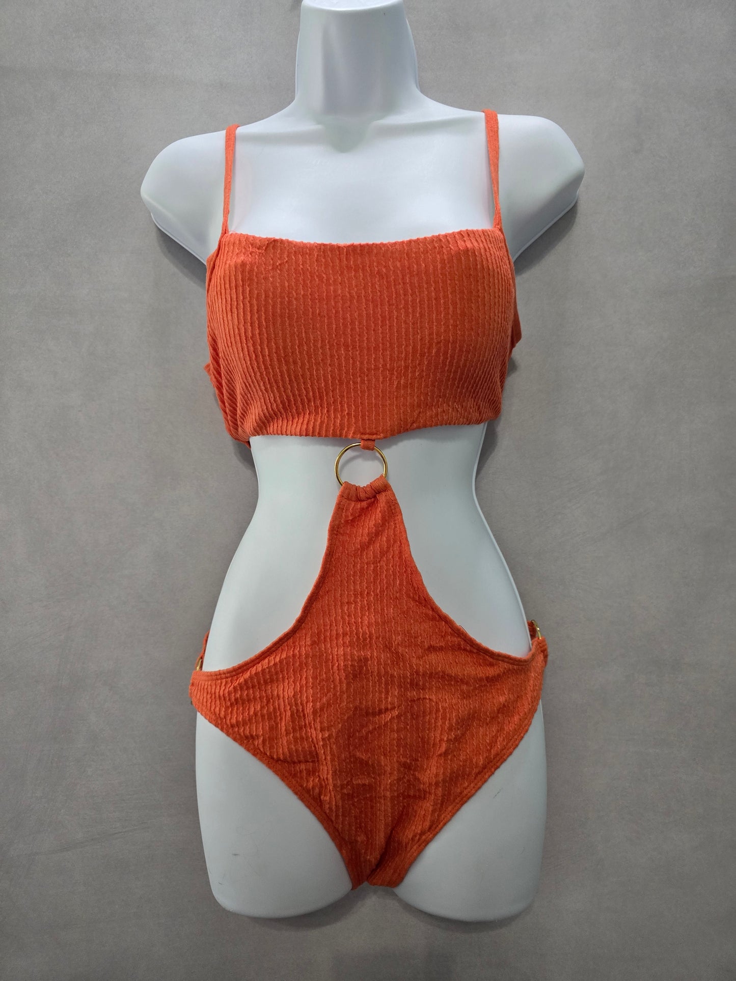 Orange One Piece Sexy Resort Beach Vacation 90s Textured Swimsuit Sexy Large
