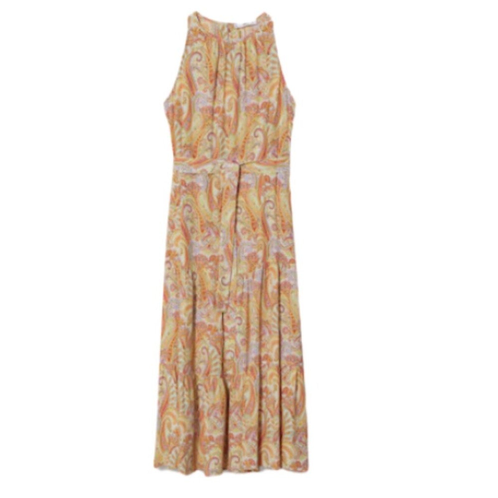 Mango Flowy Paisley Sleeveless Belt Tie Long Dress Size 16 NWT