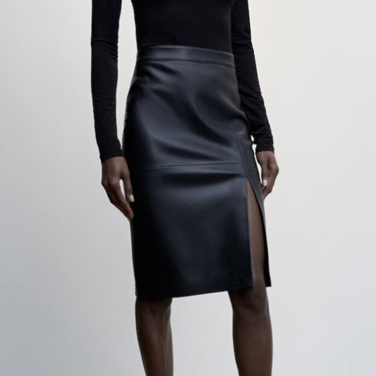 Mango Faux Leather Black Pencil Skirt Knee Length NWT Size 12