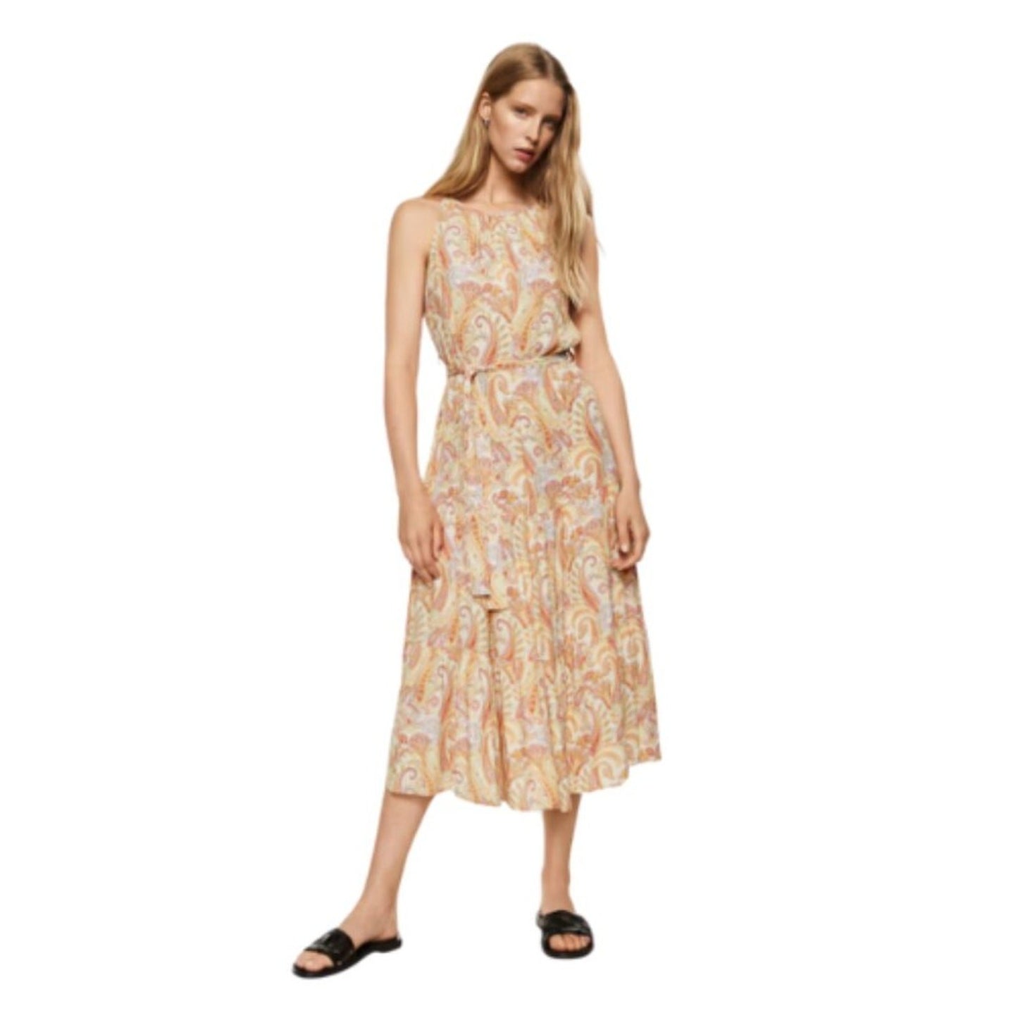 Mango Flowy Paisley Sleeveless Belt Tie Long Dress Size 16 NWT