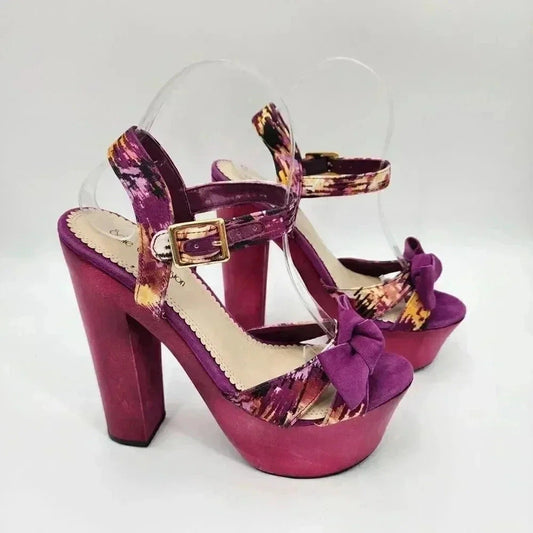 Sole Obsession Chunky Platform Purple Heels Buckle Open Toe Womans Size 7.5 Heel